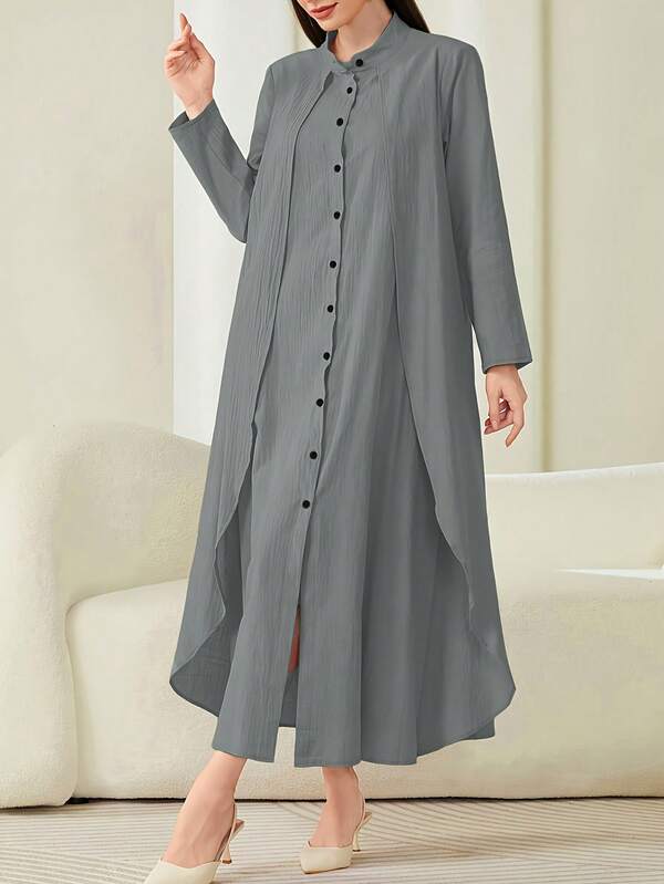 Women's Loose Solid Color Arabic Button Front Dress, Modest Kaftan