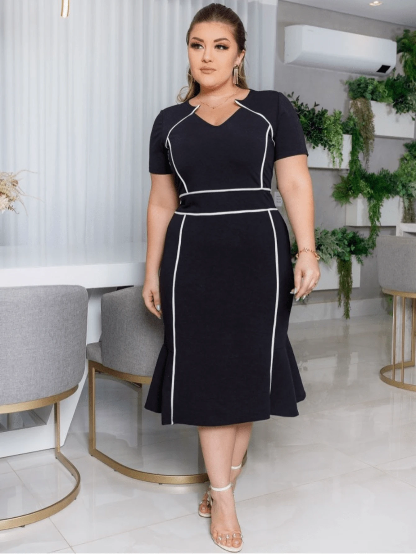 Midi Dress Bias Evangelical Fashion Women's Social Elegant - 黑色 - 查看 1