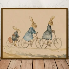 1 Piece, Unframed, Wall Arts Posters Art Canvas Poster, Canvas Art - Charming Vintage Whimsical Animal Friends Riding Bicycles Wall Decor For Living Room And Bedroom, Easter, Holiday Poster, Bunny Mural Poster