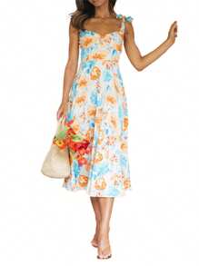 Women's Summer Midi Dress, Sleeveless Tie Shoulder Strap Floral Print Flowy A-Line Dress - Blue - View 5