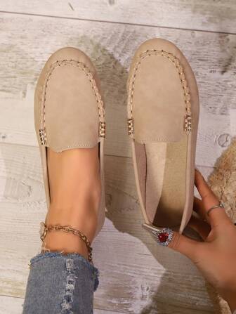 Nuevos mocasines planos versátiles y ligeros para mujer, para uso casual y de oficina, tallas grandes, punta redonda, de lona transpirable y parches de cuero, hebilla metálica, para primavera/verano/otoño/invierno, zapatillas para mujer