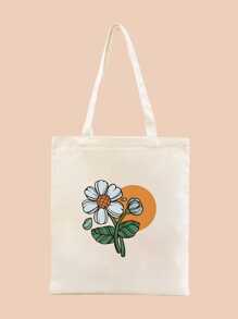 新款米色时尚植物图案印花手提包，容量大，款式方便，适合学校、校园、图书馆、购物、旅行、户外、休闲 - 米色 - 查看 3