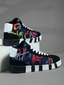 Zapatillas de deporte de mujer de suela de caucho antideslizante con estampado de grafiti en blanco y negro en contraste, de estilo clásico, personalizadas, aptas para deportes al aire libre y caminar en todas las estaciones.