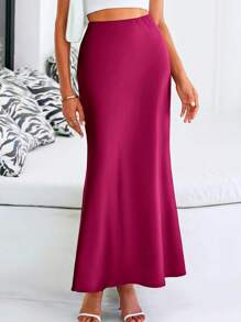 Women Spring Satin Silk Skirt High Waist Flared A-Line Long Maxi Skirt Solid Color Summer Elegant Cocktail Party Evening Wedding Club Valentine Long Skirt - Màu Hồng Tươi - Xem 3