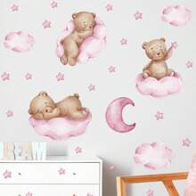 1pc Cute Sleeping Baby Beer Wall Stickers, Moon And Stars DIY Art Wall Decals Removable Vinyl Peel And Stick For Boys Or Girl Kids Baby Nursery Bedroom Toddler Room Kindergarten Decorations