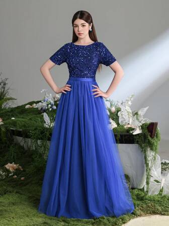 少女迷人亮片礼服，飘逸薄纱下摆 - 毕业礼服