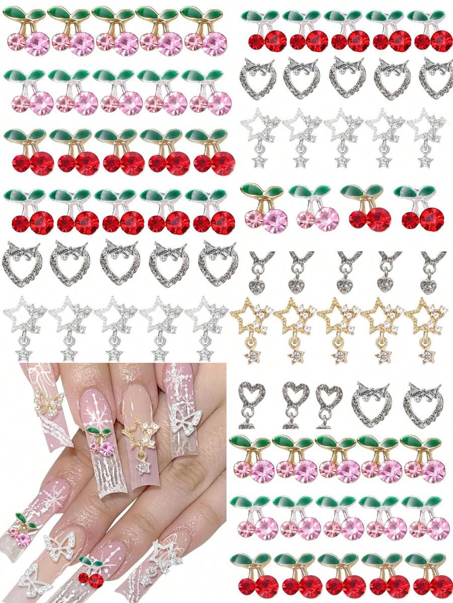 40 chiếc mặt dây chuyền đính đá nghệ thuật bằng hợp kim, hình bướm 3D màu bạc và vàng, hình quả anh đào màu hồng và đỏ lấp lánh. - Nhiều màu - Xem 1