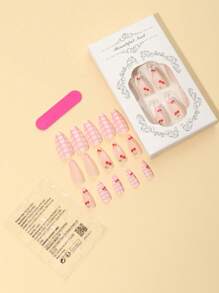 24 pièces Ongles à pression en forme d'amande, style fille, ton rose, 1 poussoir à ongles + 1 gel à ongles