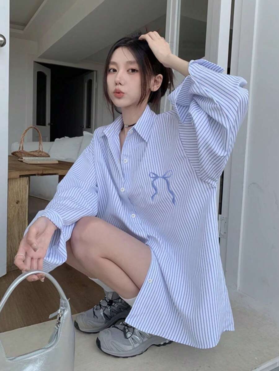 Blusa de mujer a rayas azules y blancas con lazo, camisa de manga larga de ajuste holgado y ligera, para otoño/invierno