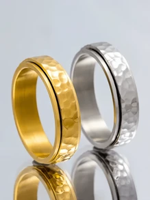 1 Pc Custom Hand-Hammered Moon Crater Pattern Rotatable Ring Stainless Steel For Women Men Personalized Jewelry Birthday Party Valentine's Day Jewellery Gift Name Engrave - Multicolor - View 3