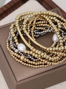 11Pcs Fashionable CCB Gold & Silver Bead Faux Pearl Multilayer Elastic Bracelet Set, Stackable Bracelets For Women, Daily, Vacation, Party Jewelry - Multicolor - View 4
