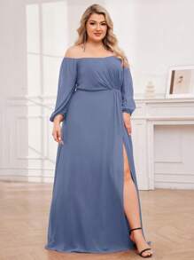 EVERPRETTY Plus Off Shoulder Lantern Sleeve High Split Blue Bridesmaid Dresses Spring Formal Dresses - Dusty Blue - View 3