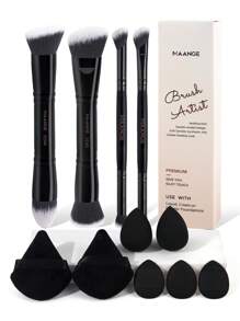 MAANGE 11pcs Makeup Tool Kit 4pcs Dual-Ended Makeup Brushes Basic Flat Round Top Brushes For Liquid Cream Foundation Powder Blush Eyeshadow Concealer 7pcs Makeup Puffs Including 2pcs Beauty Cosmetics Blending Sponges 2pcs Triangle Velvet Powder Puffs 3pcs Mini Finger Air Cushion Puff For Flawless Make Up, Travel, Makeup Reapply In Party