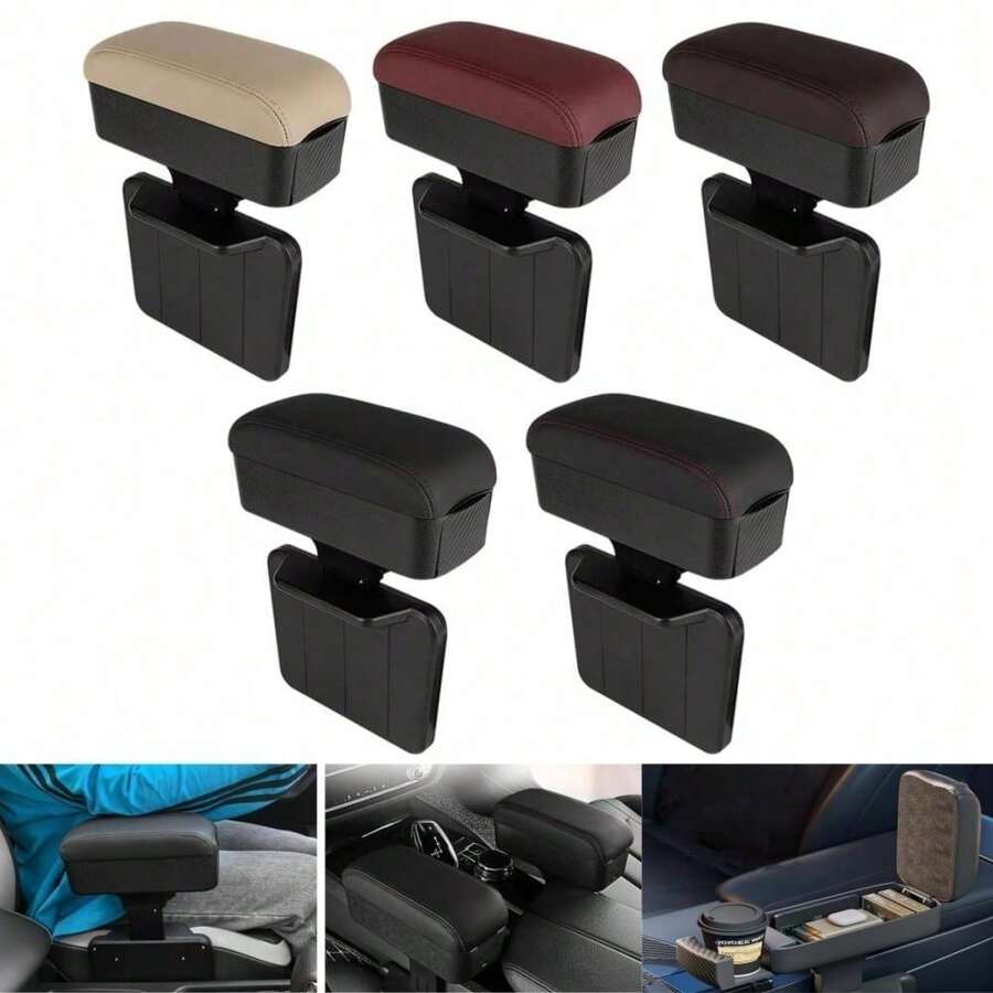 Apoyabrazos ajustable para coche con portavasos, organizador de espacio entre asientos de coche de piel PU, extensión de apoyabrazos con ajuste de altura, cómodo descansabrazos con caja de almacenamiento y portavasos, almohadilla ajustable de apoyabrazos central cómoda