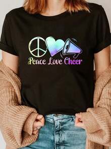 Camiseta de porristas 100 % algodón con la frase Peace Love Cheer - Negro - Ver 1