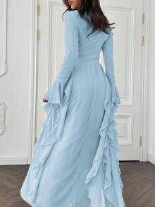 Vestido elegante de gasa con volantes para mujer, ideal para vacaciones de primavera y verano, citas, festivales de música y Día de la Madre, que estiliza la silueta - Azul - Ver 6
