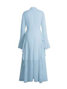 Vestido elegante de gasa con volantes para mujer, ideal para vacaciones de primavera y verano, citas, festivales de música y Día de la Madre, que estiliza la silueta - Azul - Ver 4