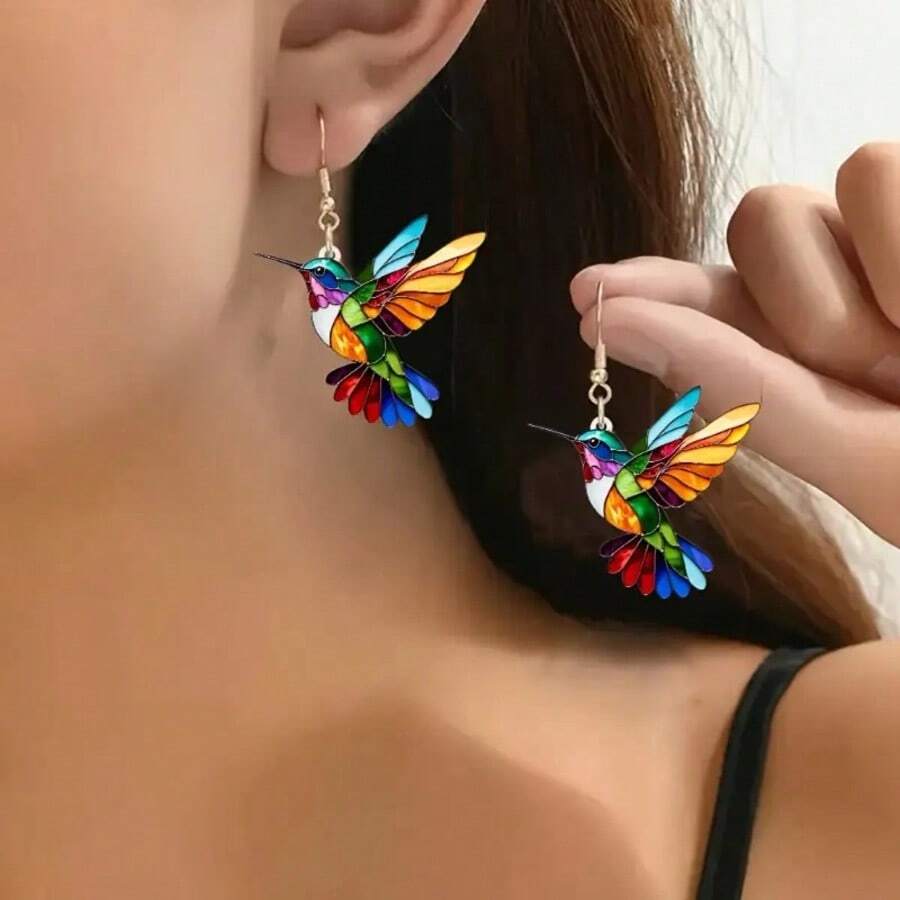 1 Pair Fashionable Bohemian Style Colorful Acrylic Hummingbird Earrings For Women, With Stainless Steel Ear Studs, Suitable For Casual Wear, Creative And Unique Party Gift, Ramadan/Mother's Day Present