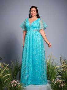 Plus Size High-End V-Neck Embroidered Lace Long Sleeve Rhinestone Beading Evening Gown,Party Dress,Formal,Wedding Guest - Blue - View 4