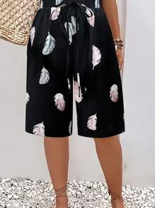 Women's Floral Print Elastic Drawstring Mid-Thigh Summer Shorts - Black - View 1