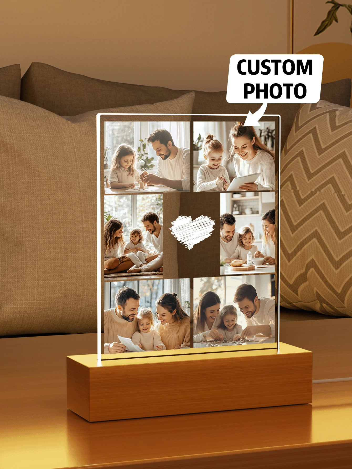 1pc Custom Couple Collage Photo Led Night Light, Personalized Acrylic Night Light With Photo & Text, Custom Photo Lamp, Personalized Photo Collage LED Light, Couple Picture Frame, Personalized Photo Collage Gift For Mother's Day, For Birthdays, For Children's Day, For Father's Day, For Graduation, For Weddings, For Housewarming Living Room, Bedroom, Office, Tea Room, Home, Bathroom, Dining Room, Valentine Day, Valentine Day Decor