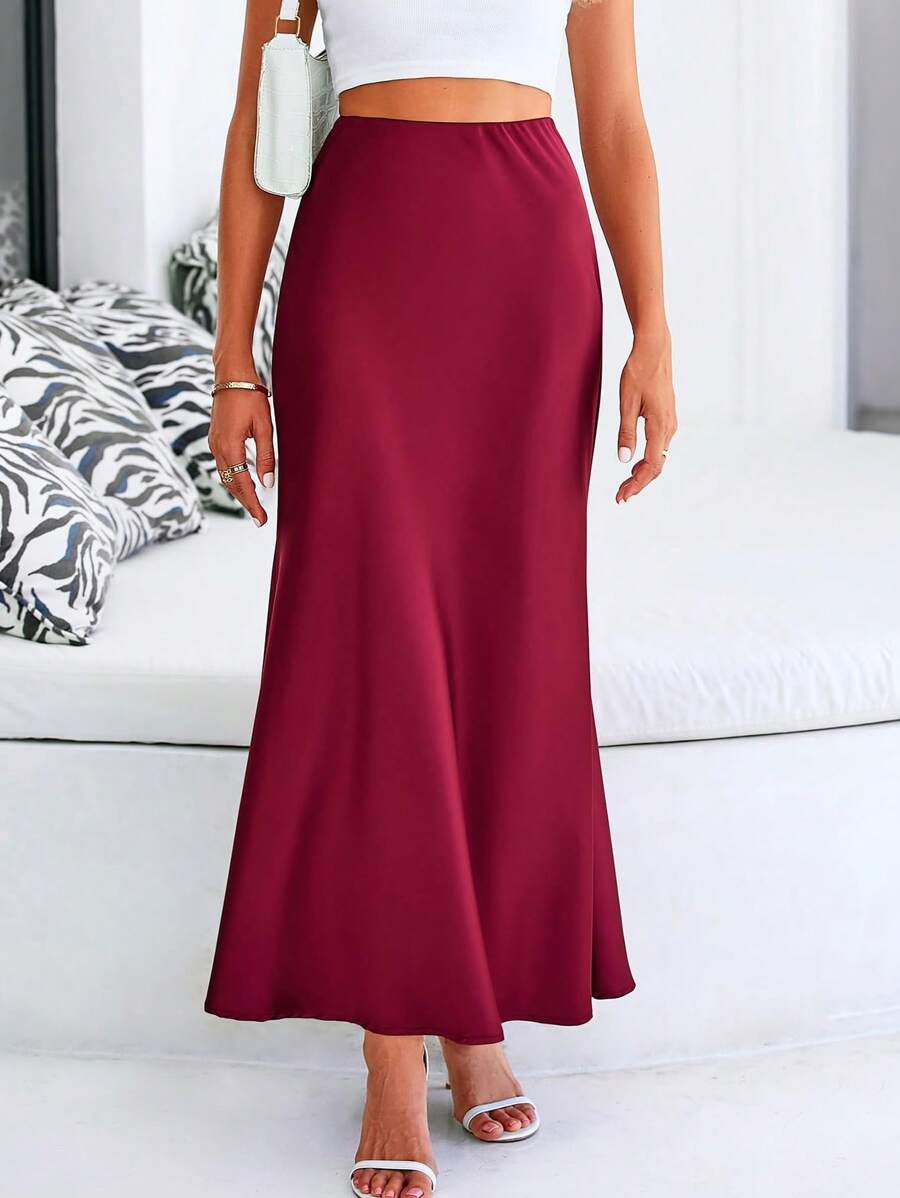 Women Spring Satin Silk Skirt High Waist Flared A-Line Long Maxi Skirt Solid Color Summer Elegant Cocktail Party Evening Wedding Club Valentine Long Skirt - 酒紅色 - 查看 1