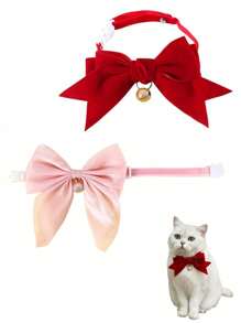 Valentine's Day Pet Cat Teddy Bear Dog Bow Tie Bell Velvet Adjustable Simulated Choker Collar, Pet Cat Dog Birthday New Year Velvet Big Bow Bell Adjustable Necklace Pink Bow Tie Collar Gift, For Cat/Dog
