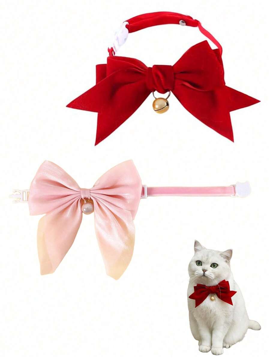 Valentine's Day Pet Cat Teddy Bear Dog Bow Tie Bell Velvet Adjustable Simulated Choker Collar, Pet Cat Dog Birthday New Year Velvet Big Bow Bell Adjustable Necklace Pink Bow Tie Collar Gift, For Cat/Dog