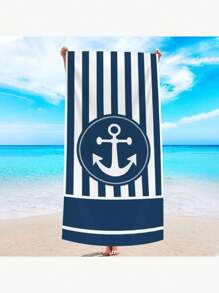 1pc Striped Anchor Print Beach Towel, Soft & Absorbent Sunbathing Towel, Extra Large & Heavy Weight Towel, Travel & Beach Towel, Gym, Swimming Pool, Bathroom, Camping, Yoga Adult Towel