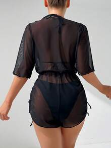 3pcs/Set Women Tropical Floral Print Halter Bikini Swimsuit With Adjustable Tie, Triangle Top, Bottom & Cover Up Skirt Dress For Beach Vacation - Black - View 3