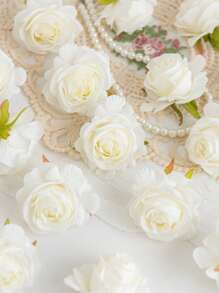 5/15/25pcs Silk Artificial Rose Flower Heads, Suitable For Wedding Party Decor, Cake Decor, Home Living Room Tabletop Decor, Artificial Plants, Autumn Decor, Room Decor, Desk Decor, Garden Decor, Valentine's Day Bride Wrist Corsage - White - View 4