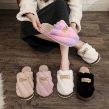 Solid Color Unisex Comfortable Soft Plaid Patchwork Slippers - Warm Non-Slip House Shoes With Soft Faux Rabbit Fur Lining