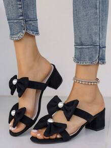 夏季高跟凉鞋，女式仿珍珠蝴蝶结带圆头黑色加大码高跟凉鞋，时尚百搭可爱粗跟凉鞋，适合搭配连衣裙或裤子，适合约会之夜 - 黑色 - 查看 3