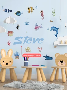 [Élément essentiel pour la rénovation de la chambre d'enfant] Autocollant mural personnalisé avec le nom, autocollant de décoration avec des animaux marins de dessin animé + décoration de chambre d'enfant personnalisée, autocollant commémoratif du nom de bébé, anniversaire, fête des 100 jours, autocollant décoratif pour garderie (amovible) Rentrée des classes