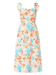 Women's Summer Midi Dress, Sleeveless Tie Shoulder Strap Floral Print Flowy A-Line Dress - Blue - View 9