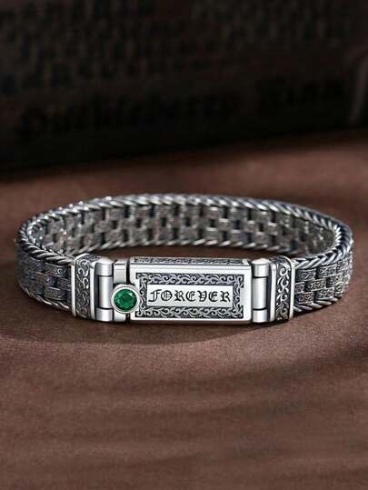 1 قطعة أسورة مضفرة على طراز قديم بنقش ألياف نباتية وحجر كريم أخضر بنقش عبارة ذات ستة أحرف، أسورة رجالية فريدة بتصميم ملتف ، هدية بطراز الهيب هوب