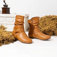 Women's Mid Calf Boots Fashion Slouch Flat Ankle Booties With Comfort