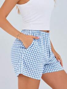 Women's Boxer Shorts Summer Dopamine Casual Home Sleeping Plaid Pj Button Front Y2K Plaid Pajama Shorts - 淺藍 - 查看 3