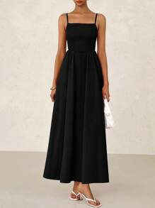 Women's Pleated Long Dress Summer Beach Sundress Casual Holiday  Straps Swing A-Line Long Flowing Dress - màu đen - Xem 1