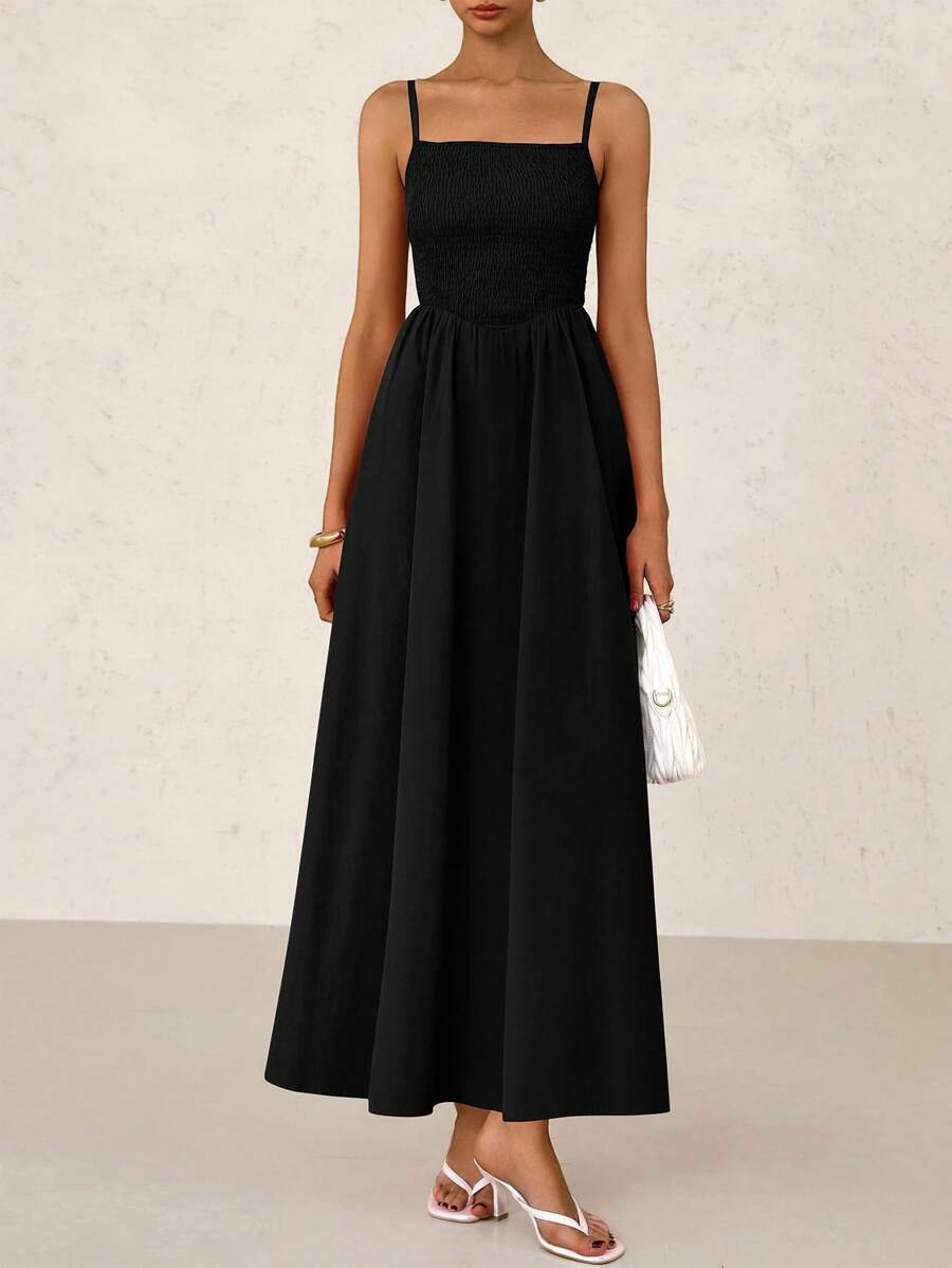 Women's Pleated Long Dress Summer Beach Sundress Casual Holiday Straps Swing A-Line Long Flowing Dress - màu đen - Xem 1