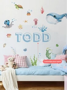 [Élément essentiel pour la rénovation de la chambre d'enfant] Autocollant mural personnalisé avec le nom, autocollant de décoration avec des animaux marins de dessin animé + décoration de chambre d'enfant personnalisée, autocollant commémoratif du nom de bébé, anniversaire, fête des 100 jours, autocollant décoratif pour garderie (amovible) Rentrée des classes