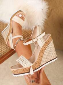 Women's Beige Wedge Platform Casual Comfortable Woven Chain & Rope Decor Wood Grain Design Sandals