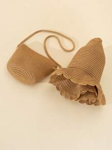 2pcs Set Khaki Wave Pattern Sun Hat And Crossbody Woven Straw Bag, Suitable For Beach Vacation - Multicolor - View 8