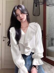 Women's V-Neck Ruffle Trim Long Sleeve Blouse, French Style Delicate Elegant Flared Sleeve Design Tops For Spring & Summer - White - View 3