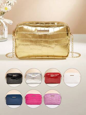 1 件女孩可爱简约鳄鱼纹理链条斜挎方形包，适合日常使用，最佳礼物选择