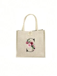 1 pieza Bolso de mano con flor de lino y letra, bolso de gran capacidad sencillo, bolso de almacenamiento casual portátil, bolsa de compras multifuncional, bolsa de regalo personalizada, adecuada para bodas, cumpleaños, playas, festivales, regalos perfectos para mujeres, maestros, amigos, damas de honor, bolsos grandes, estudiantes y vuelta a clases