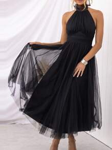 Womens Backless Long Dress Adjustable Tie Halter Neck Tulle High Waist Solid Party Wedding Dress - 黑色 - 查看 3