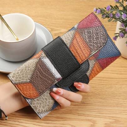 Vintage Style Women's Long Wallet, Multi-Color Geometric Embossed Design, Large Capacity, Multiple Card Slots, Snap Closure, Retro Style Handbag, Contrast Color Patchwork Flap Multi-Fold Clutch Wallet