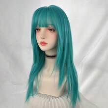 Long Straight Synthetic Blue Green Cyan Wig With Bangs Fluffy Lolita Cosplay Women Wig Heat Resistant For Daily Party - Lime Green - View 7