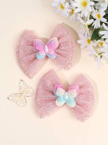 2pcs Yarn Double Layer Girls Hair Bow Clips,Fabric Butterfly Decor Hair Bows Clips For Kids,Fashion Alligator Clips Hair Accessories For Girls